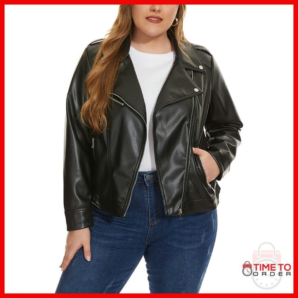 Plus Size Faux Leather Moto Jacket Zip Up Fitted Biker Style